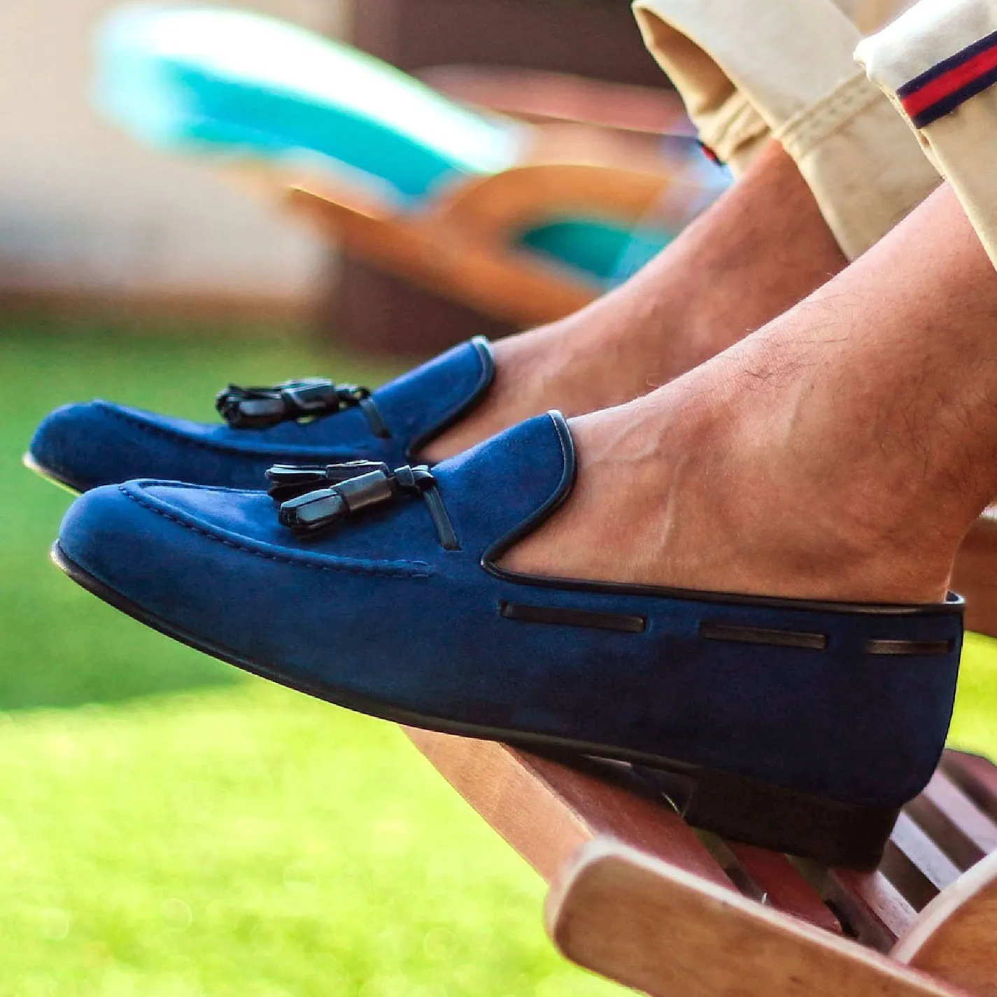 Ambrogio Bespoke Men's Handmade Custom Shoes Navy Suede Leather Wellington Loafers (AMB1500)