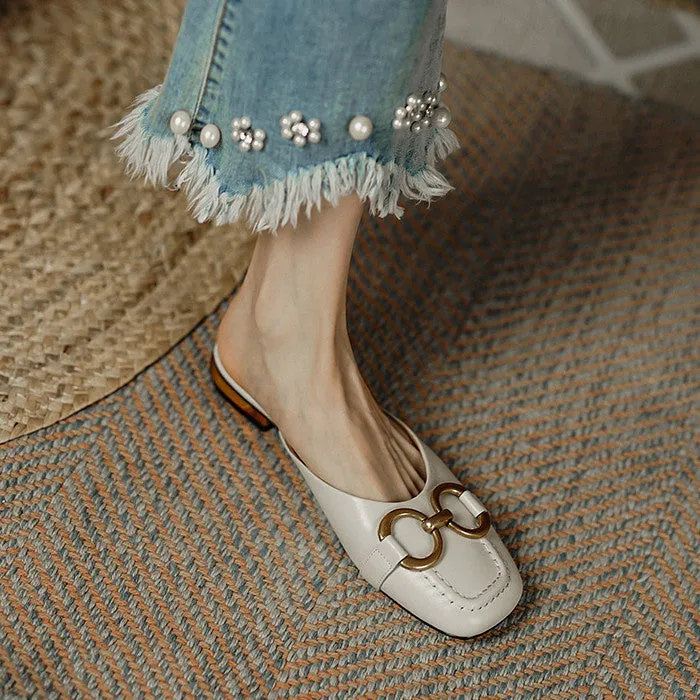 Anne Square Toe Flat Mules with Chain