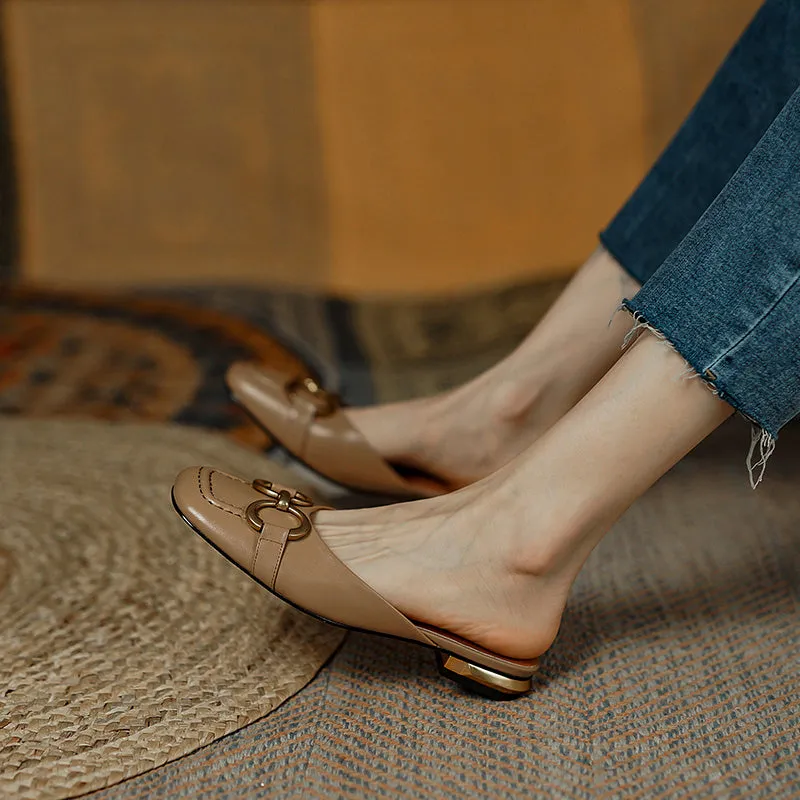 Anne Square Toe Flat Mules with Chain