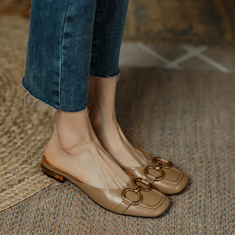 Anne Square Toe Flat Mules with Chain