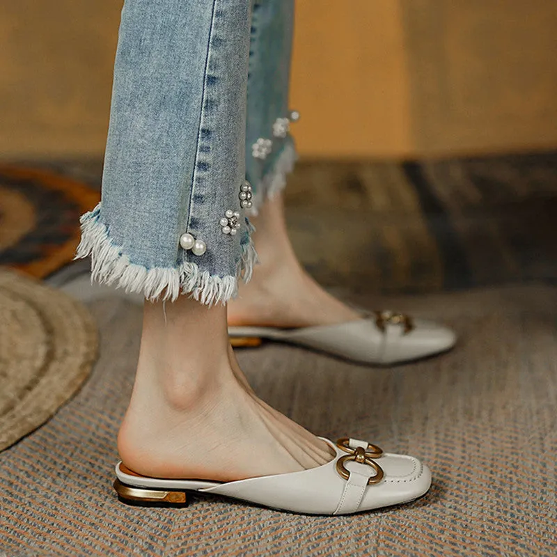 Anne Square Toe Flat Mules with Chain