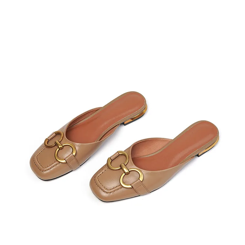 Anne Square Toe Flat Mules with Chain