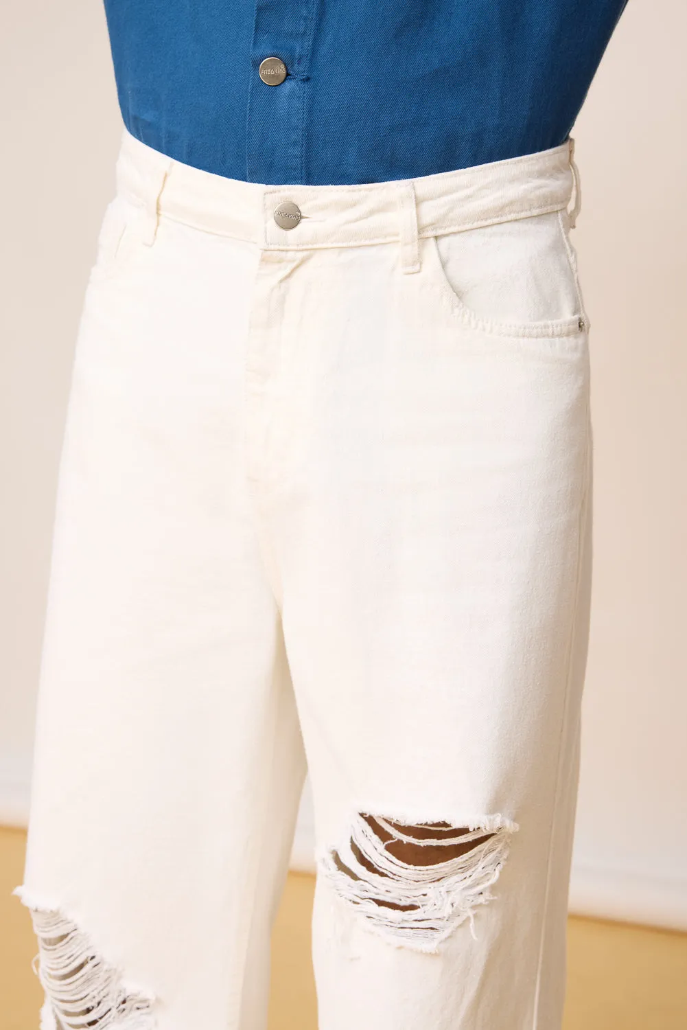 Antique White Ripped Men's Wide Leg Jeans