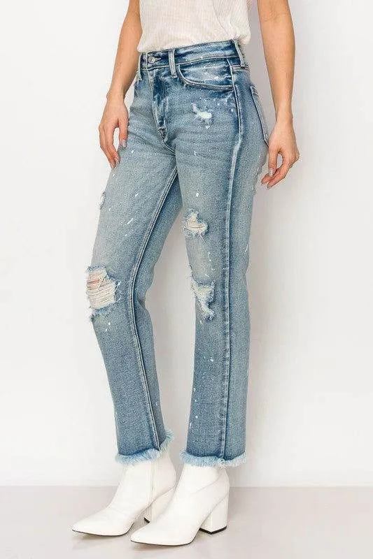 Artemis Vintage High Rise Distressed Straight With Fray Hem Jeans