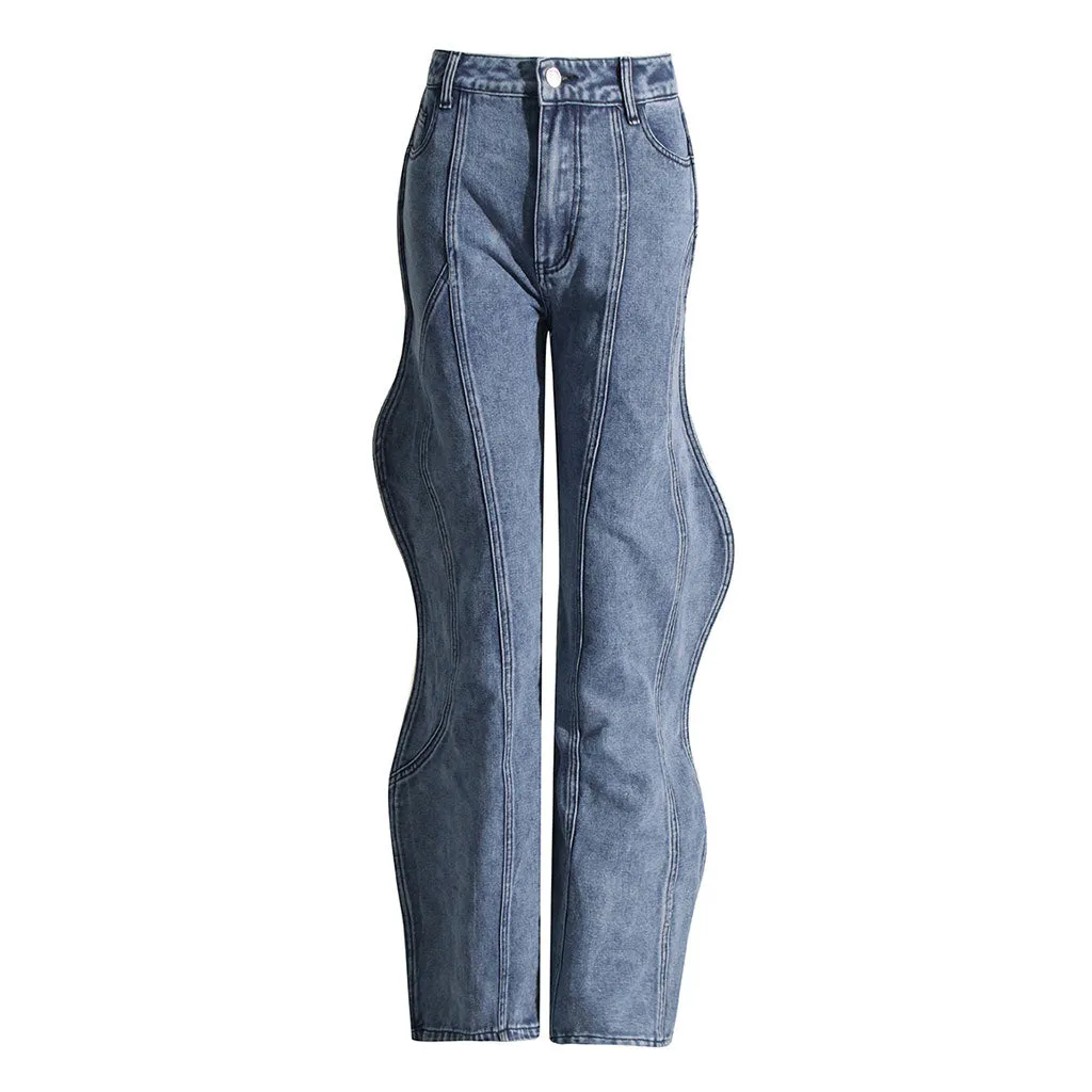 Asymmetric Wave Design High Waist Straight Leg Washed Denim Jeans