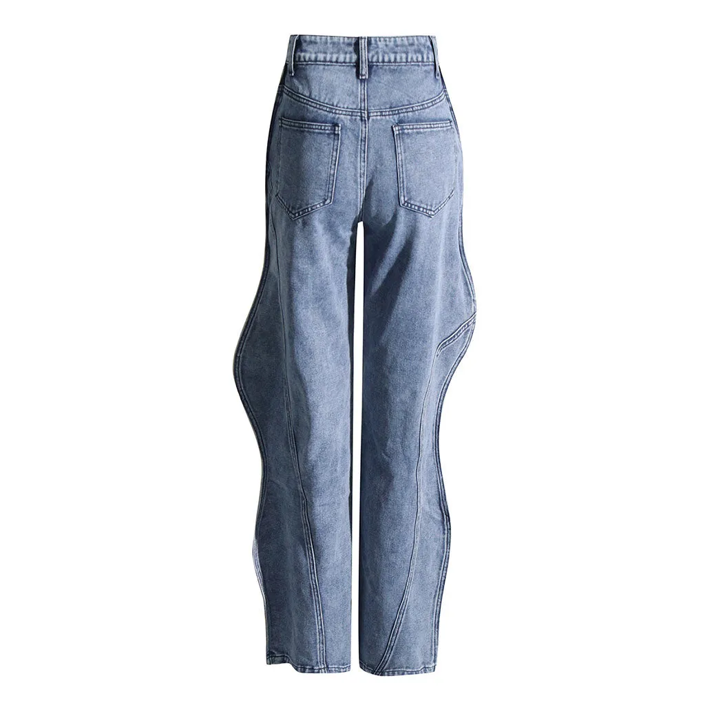 Asymmetric Wave Design High Waist Straight Leg Washed Denim Jeans