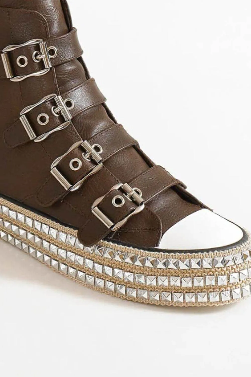 Beast Fashion Multi-Buckle Straps Studded Platform Sneakers In Brown