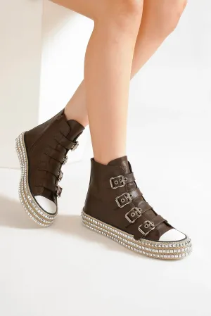 Beast Fashion Multi-Buckle Straps Studded Platform Sneakers In Brown