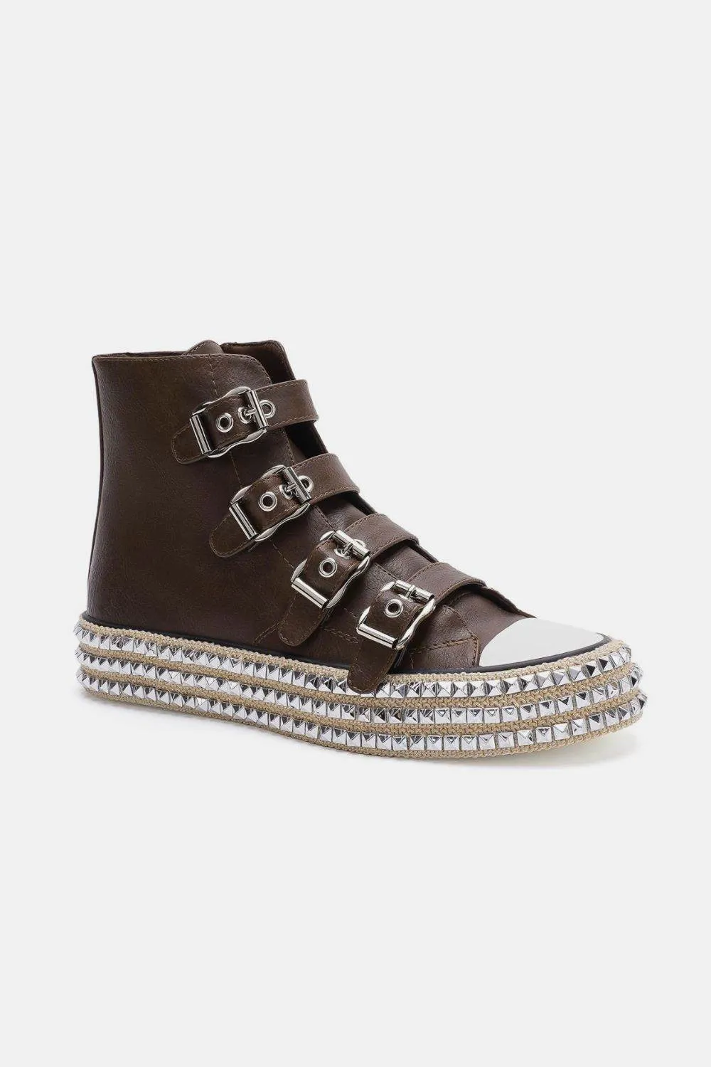 Beast Fashion Multi-Buckle Straps Studded Platform Sneakers In Brown