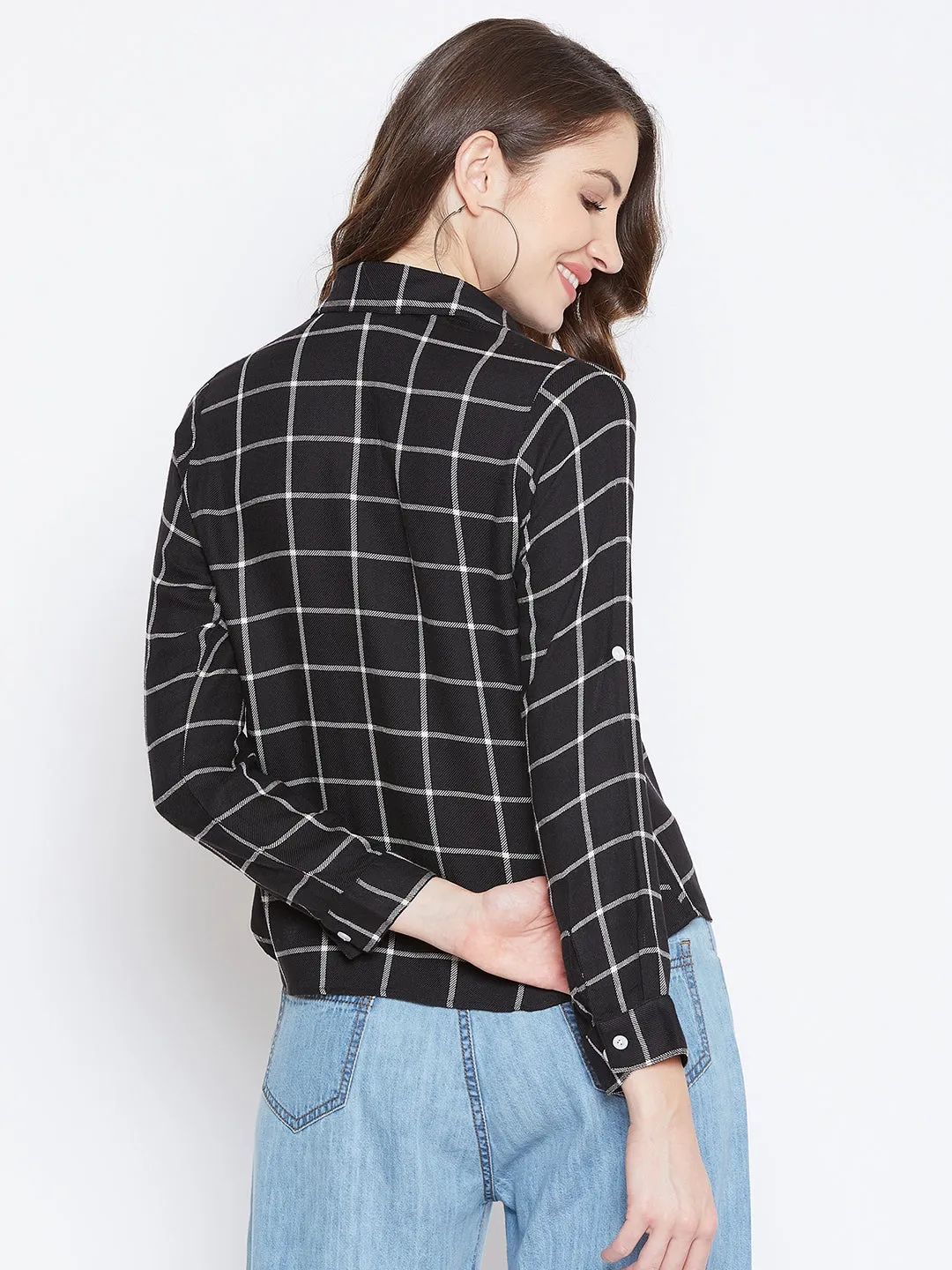 Berrylush Women Black & White Checked Pattern Waist Tie-Up Shirt Style Top