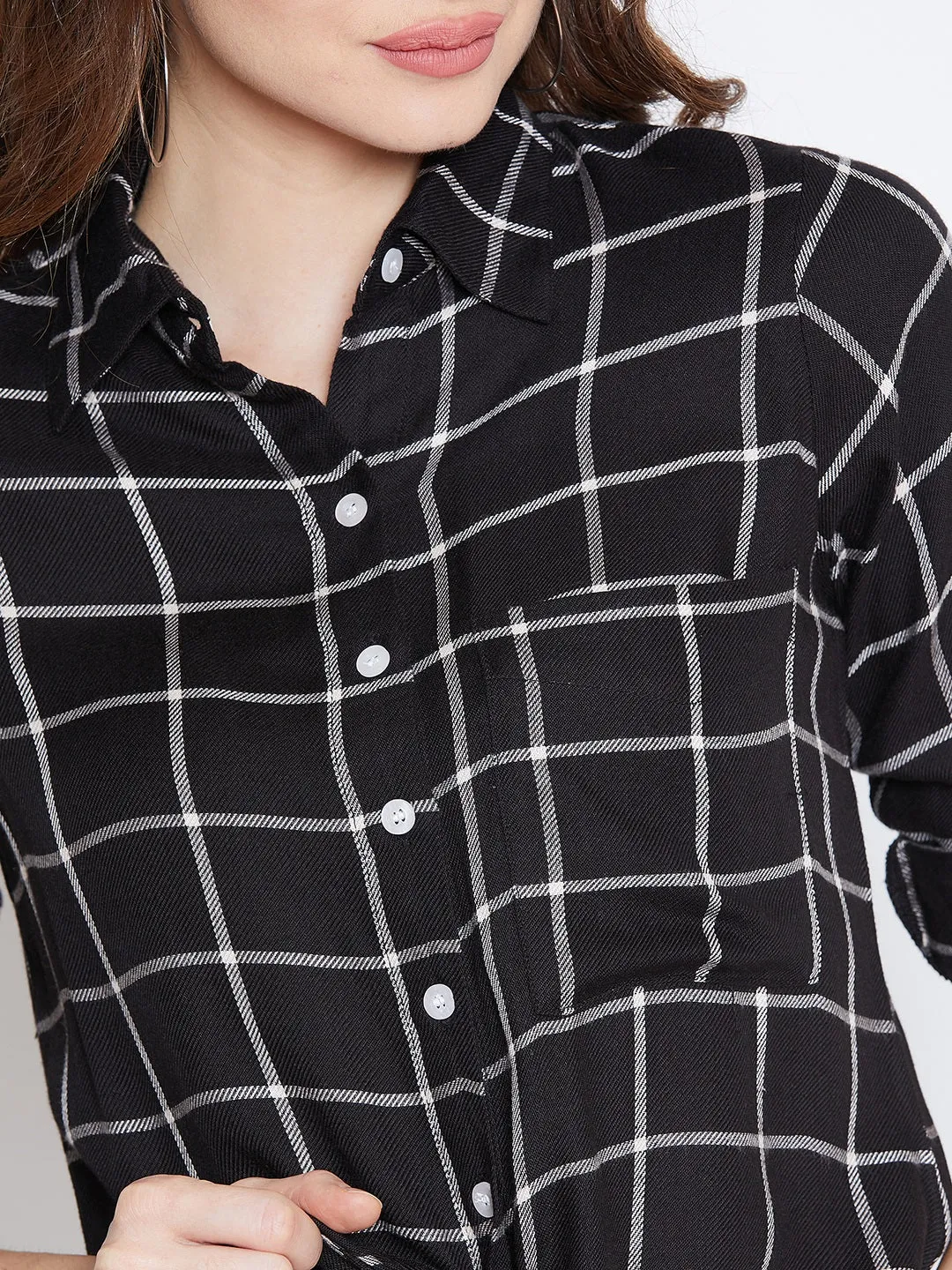 Berrylush Women Black & White Checked Pattern Waist Tie-Up Shirt Style Top