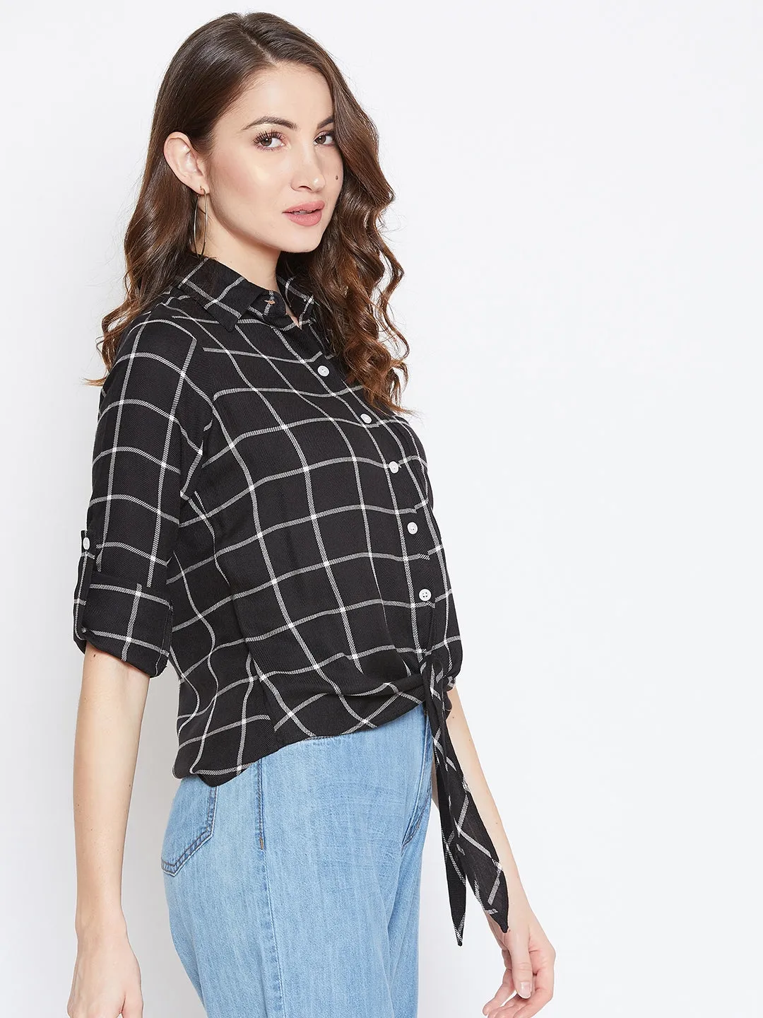 Berrylush Women Black & White Checked Pattern Waist Tie-Up Shirt Style Top