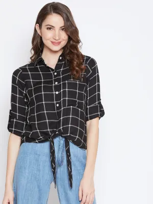 Berrylush Women Black & White Checked Pattern Waist Tie-Up Shirt Style Top