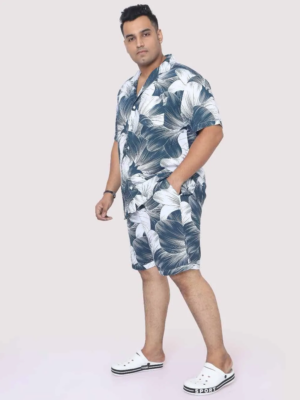 Blue-Grey Big Flower Digital Printed Half Co-Ords Men's Plus Size