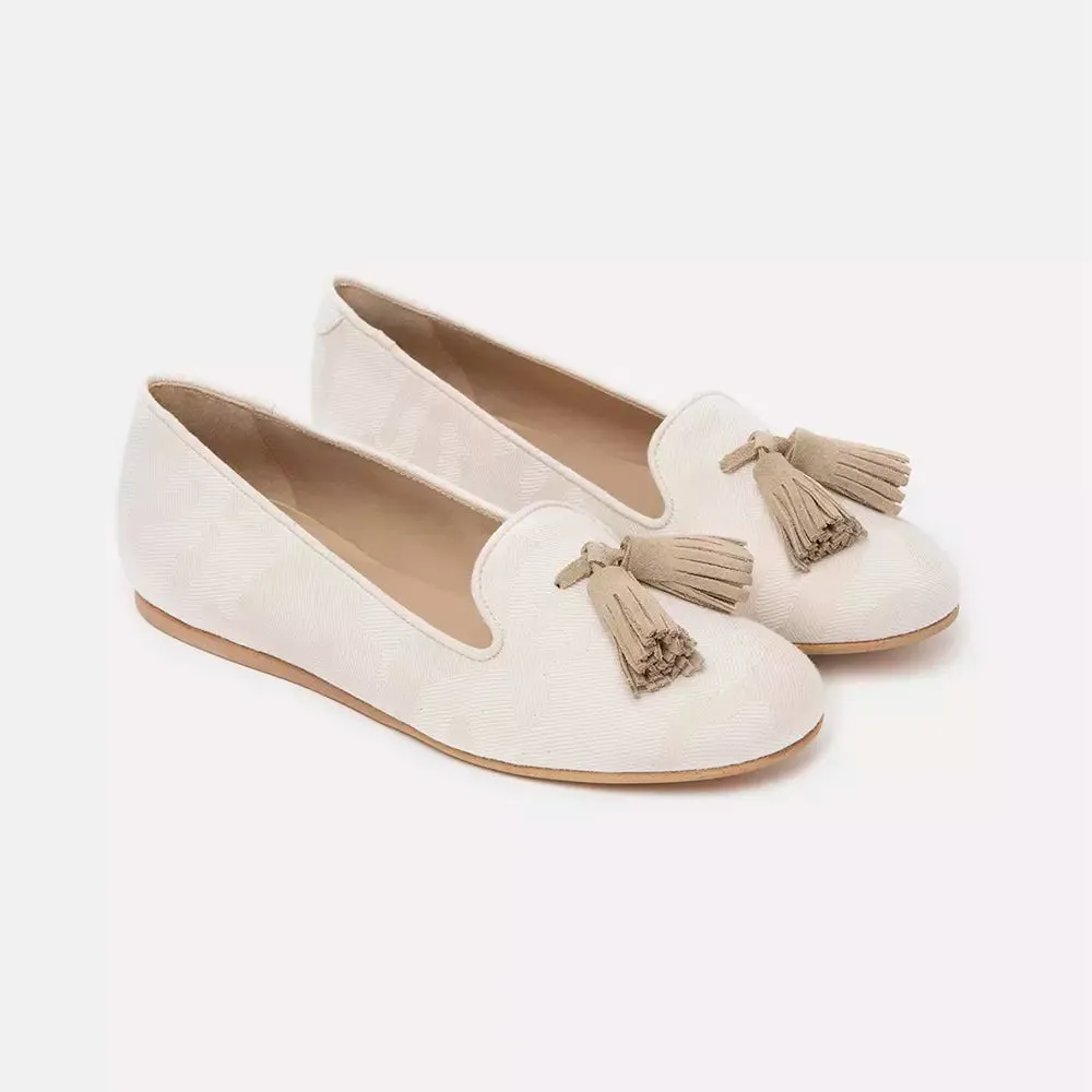 Charles Philip Elegant Beige Silk Tassel Loafers