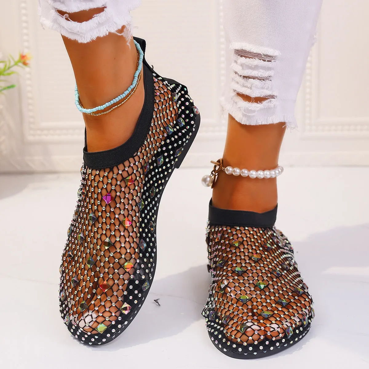 Colorful  Rhinestone Mesh Design Flat Summer Sandals