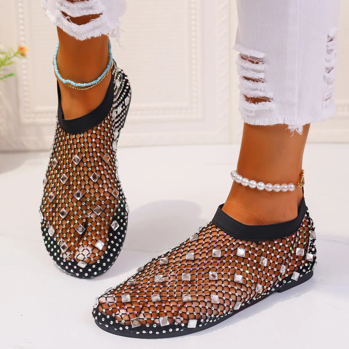 Colorful  Rhinestone Mesh Design Flat Summer Sandals