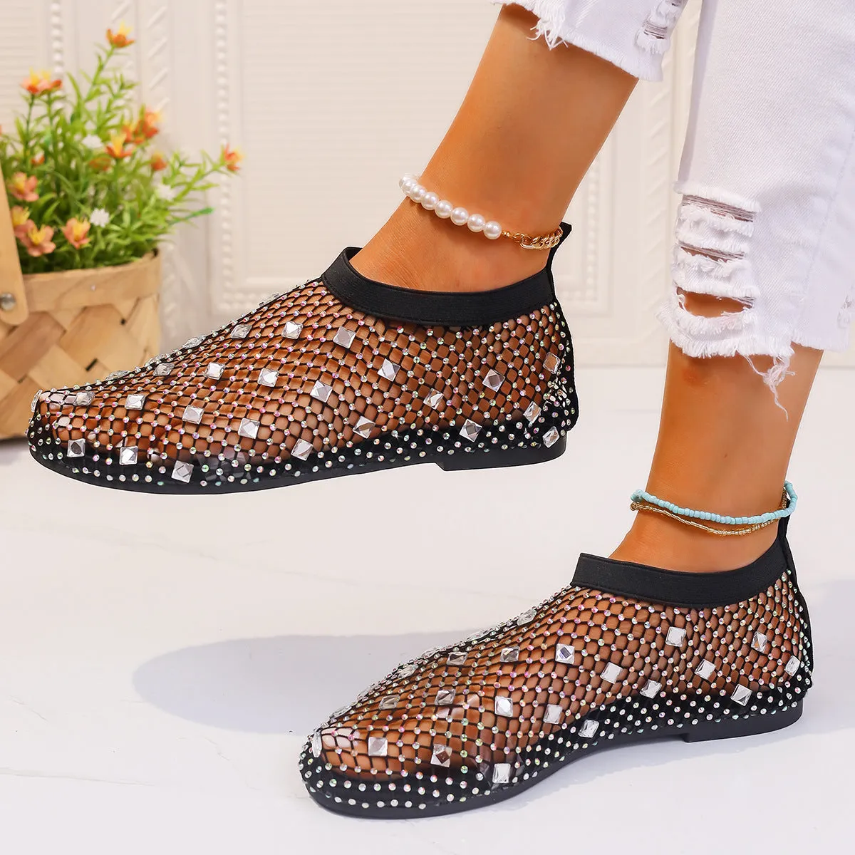 Colorful  Rhinestone Mesh Design Flat Summer Sandals