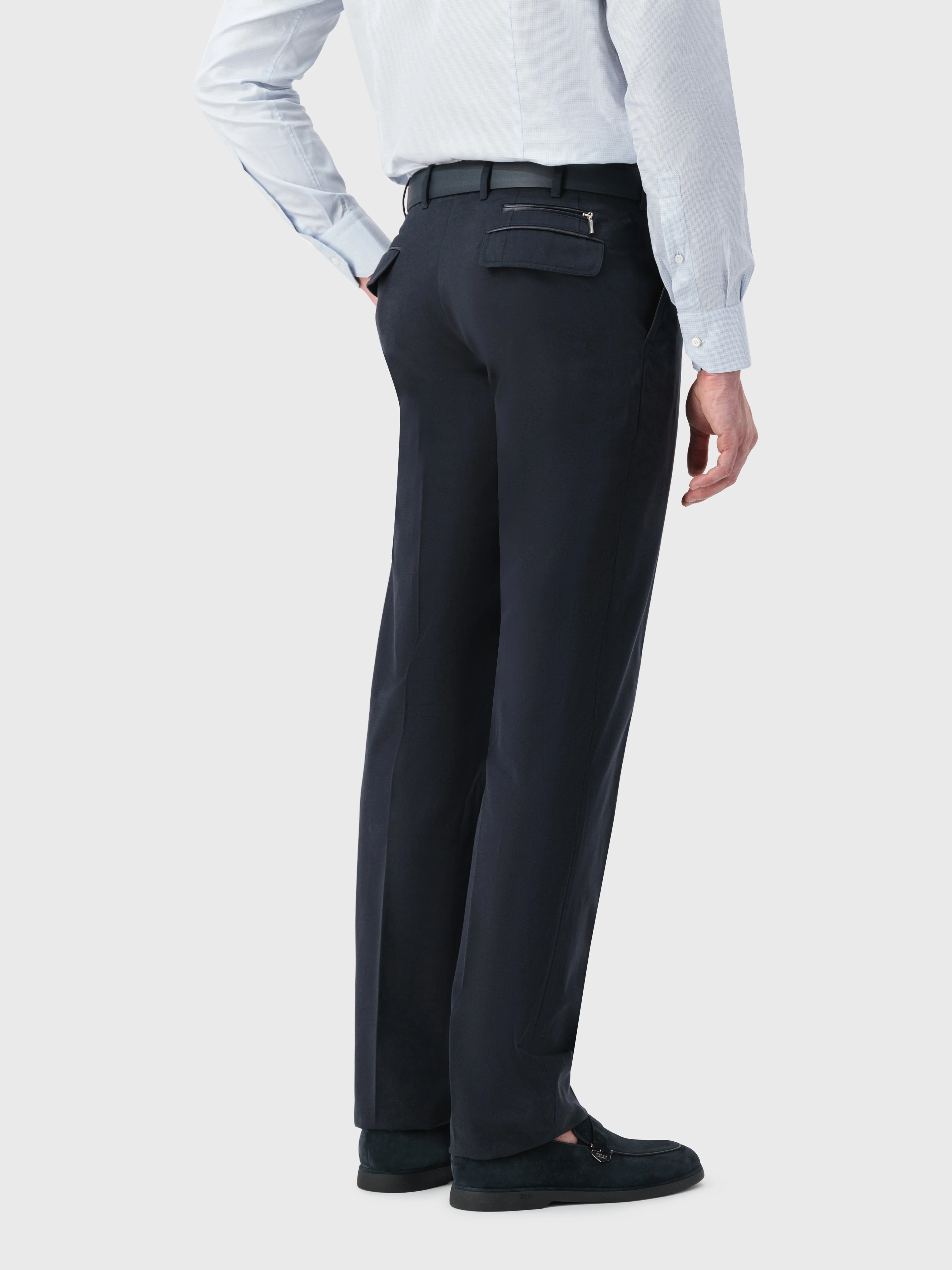 Cotton Trousers with Leather Detailing Dark Navy