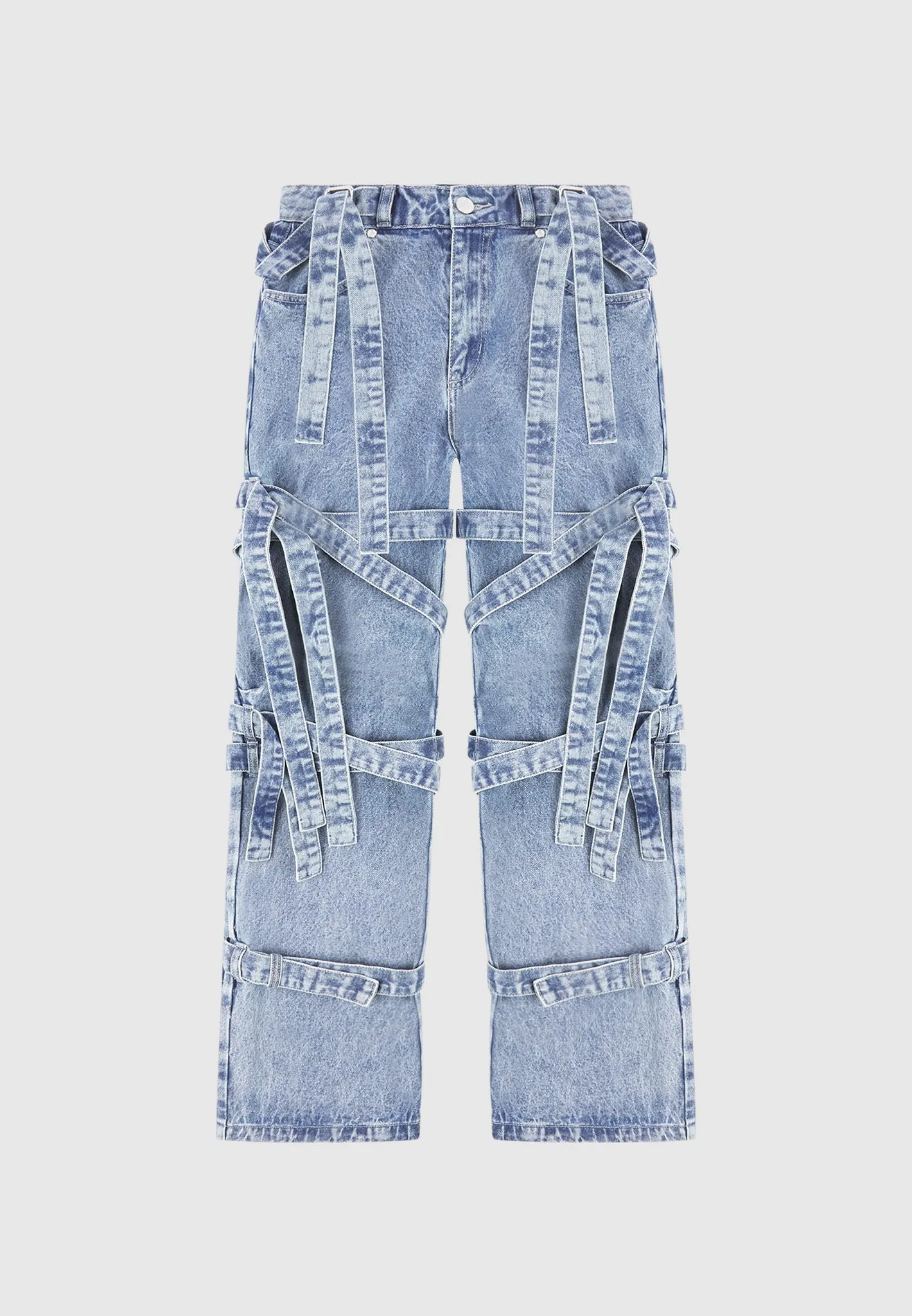 Denim Strap Cargo Jeans - Mid Blue