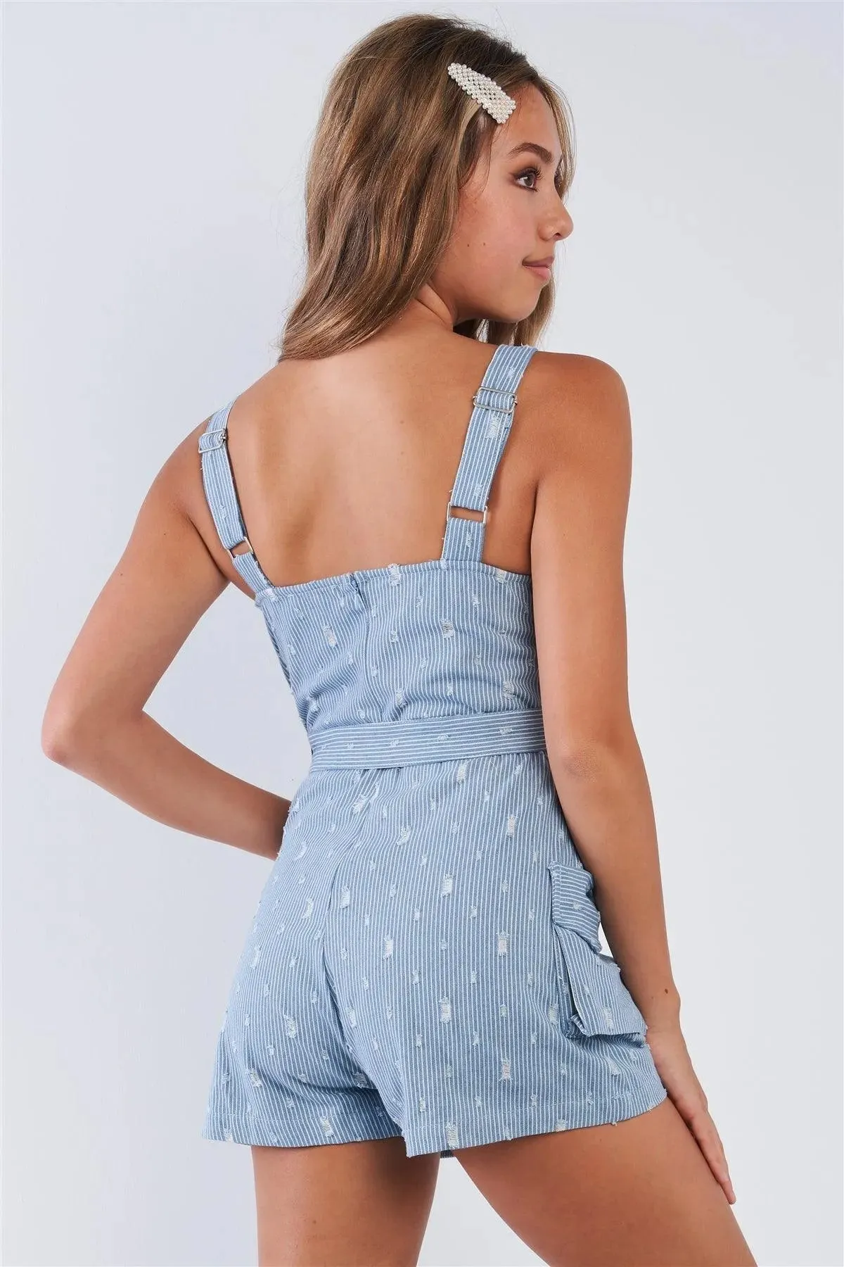 Denim White Pin Striped Destroyed Romper