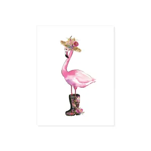 Flamingo with Floral Rain Boots and Straw Hat So Cute