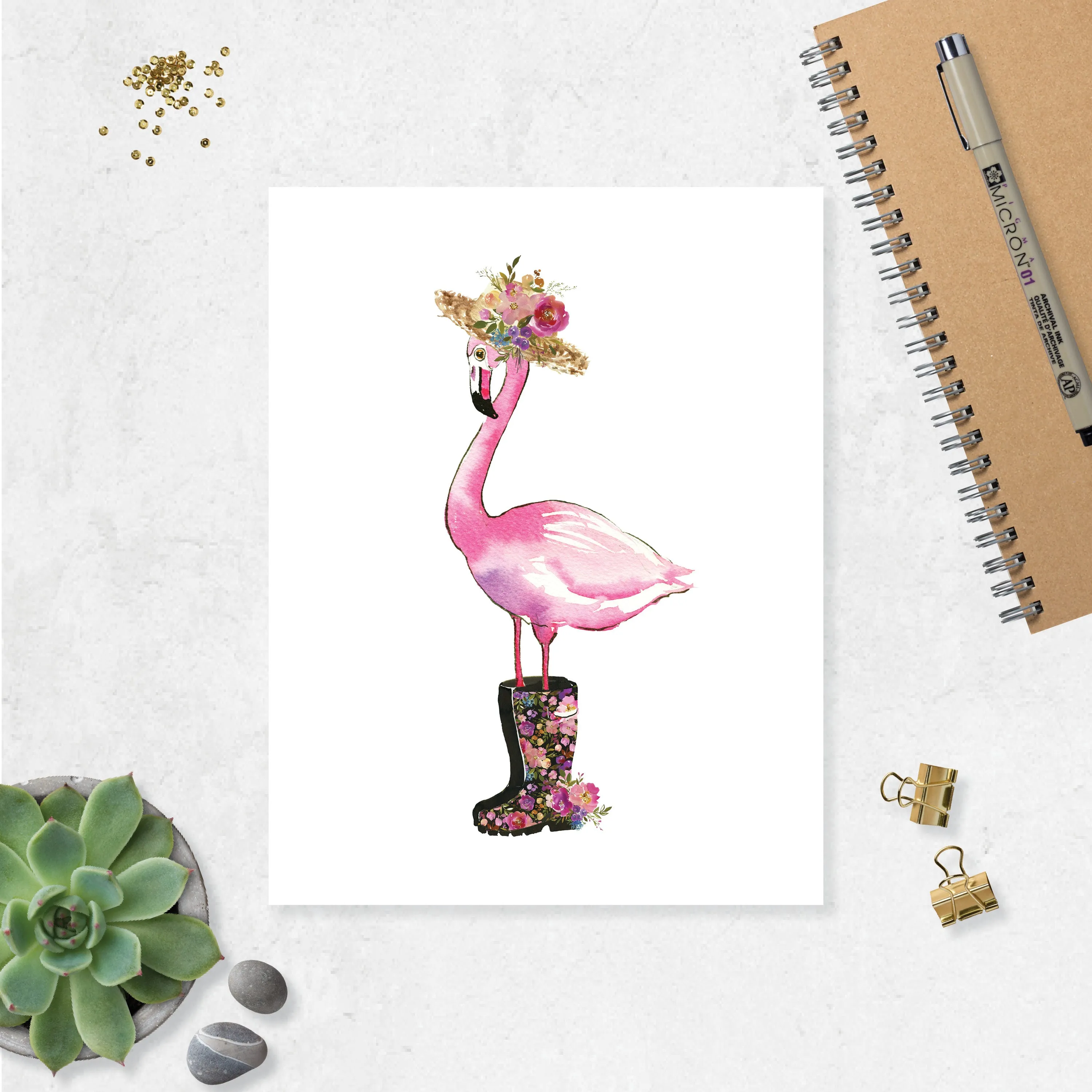 Flamingo with Floral Rain Boots and Straw Hat So Cute