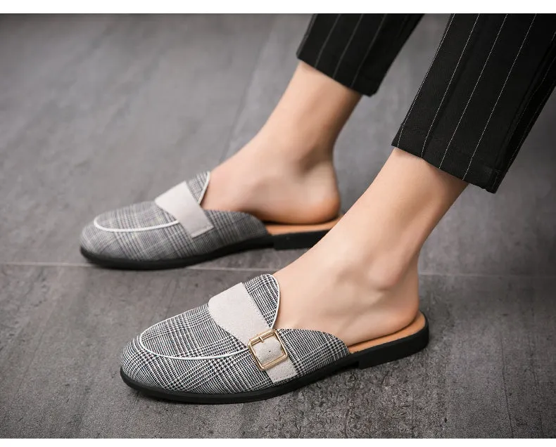 Flat Plaid Canvas Mules Shoes