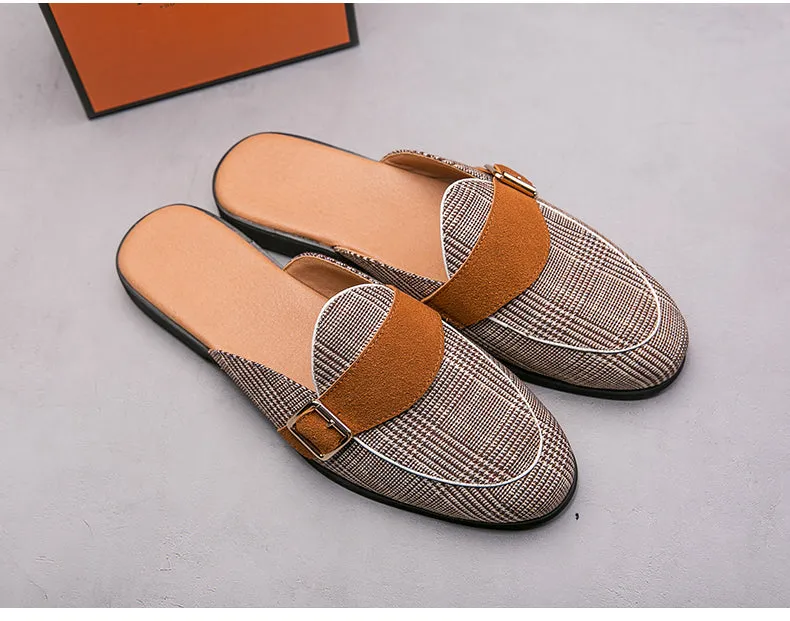 Flat Plaid Canvas Mules Shoes