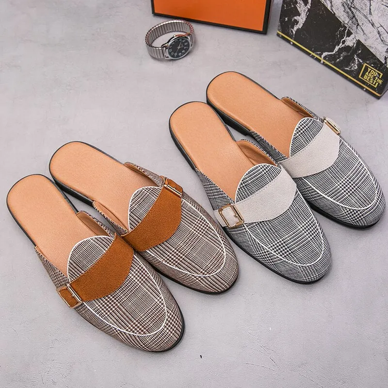 Flat Plaid Canvas Mules Shoes