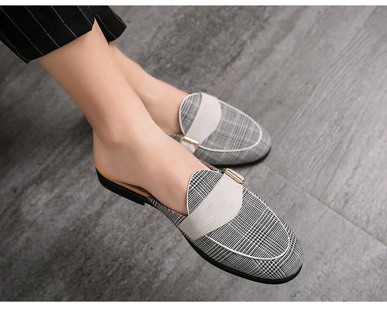 Flat Plaid Canvas Mules Shoes