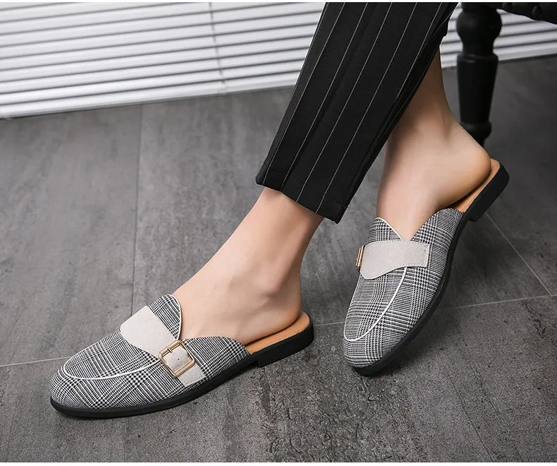 Flat Plaid Canvas Mules Shoes