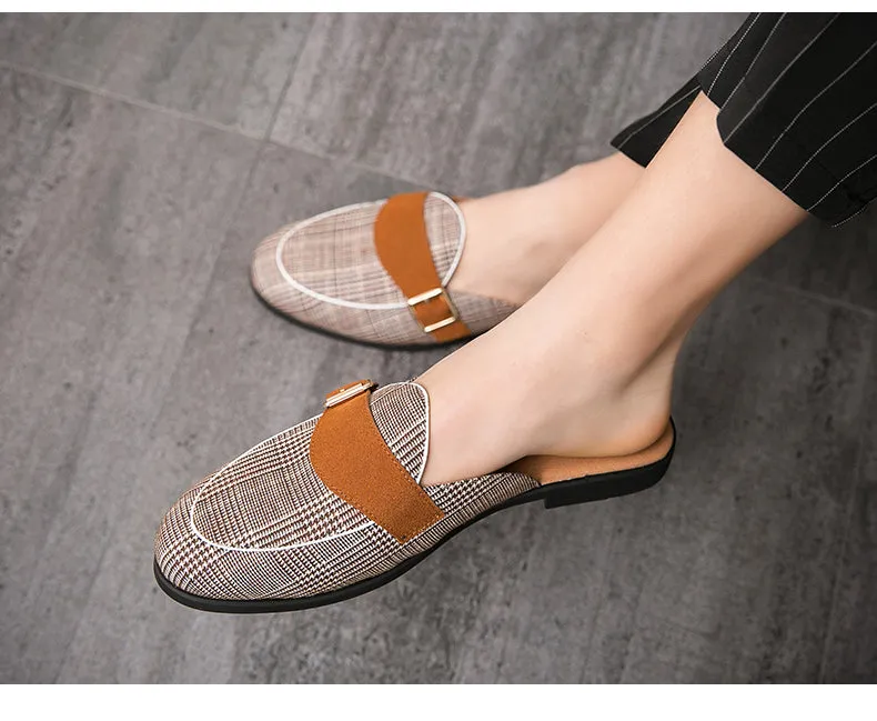 Flat Plaid Canvas Mules Shoes