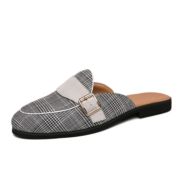 Flat Plaid Canvas Mules Shoes