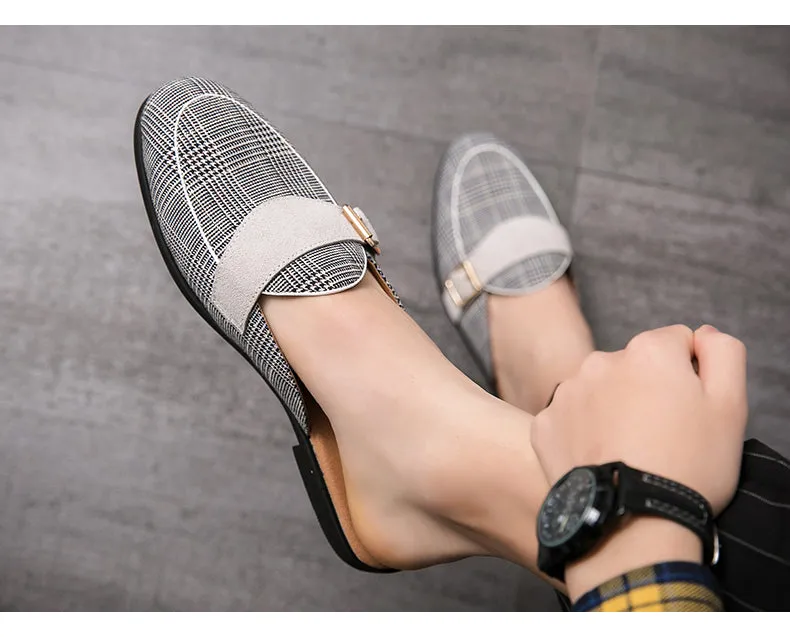 Flat Plaid Canvas Mules Shoes