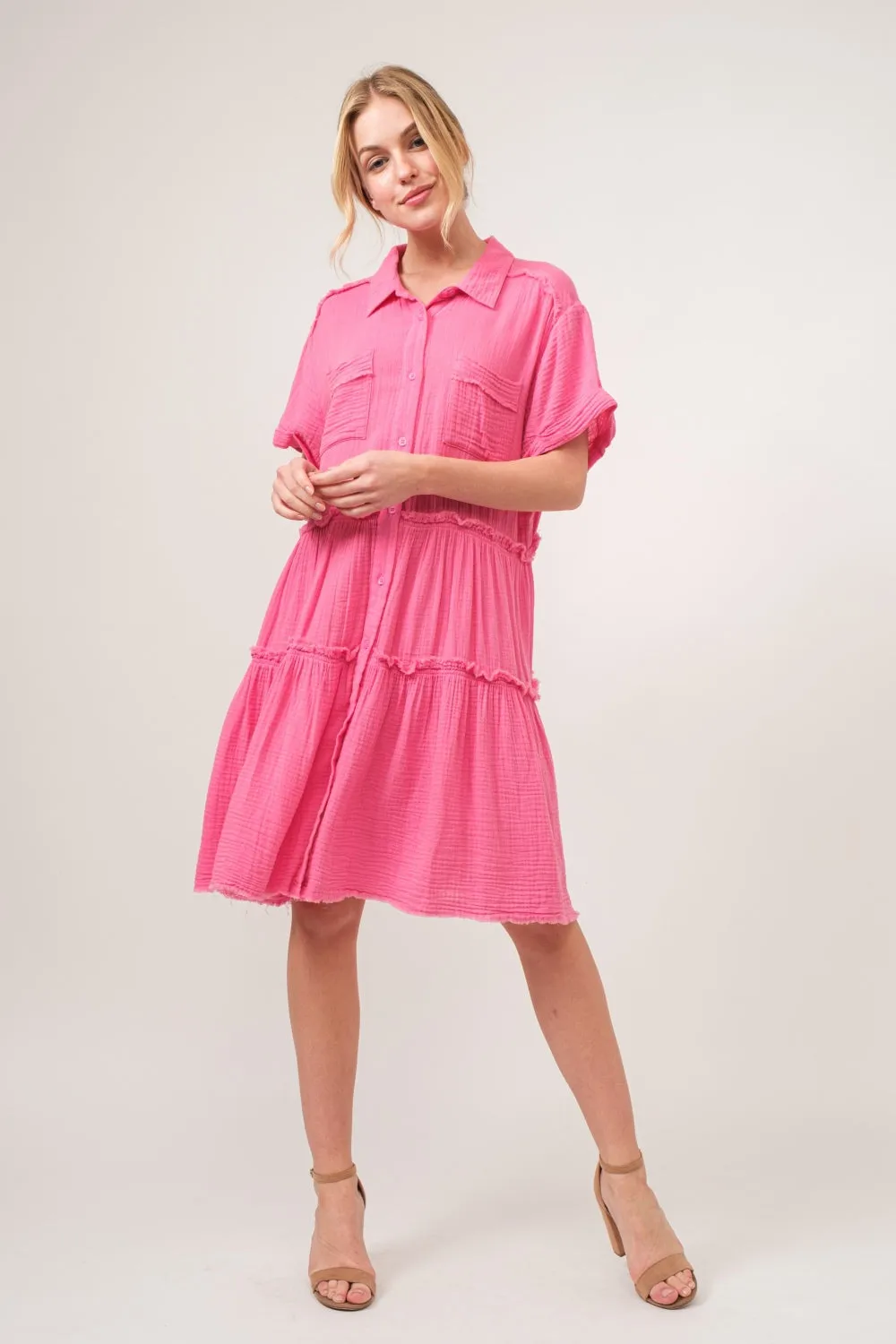 Full Size Raw Edge Washed Tiered Shirt Dress