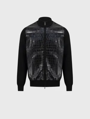 Full-Zip Sweater in Cashmere and Silk Crocodile Panel Black