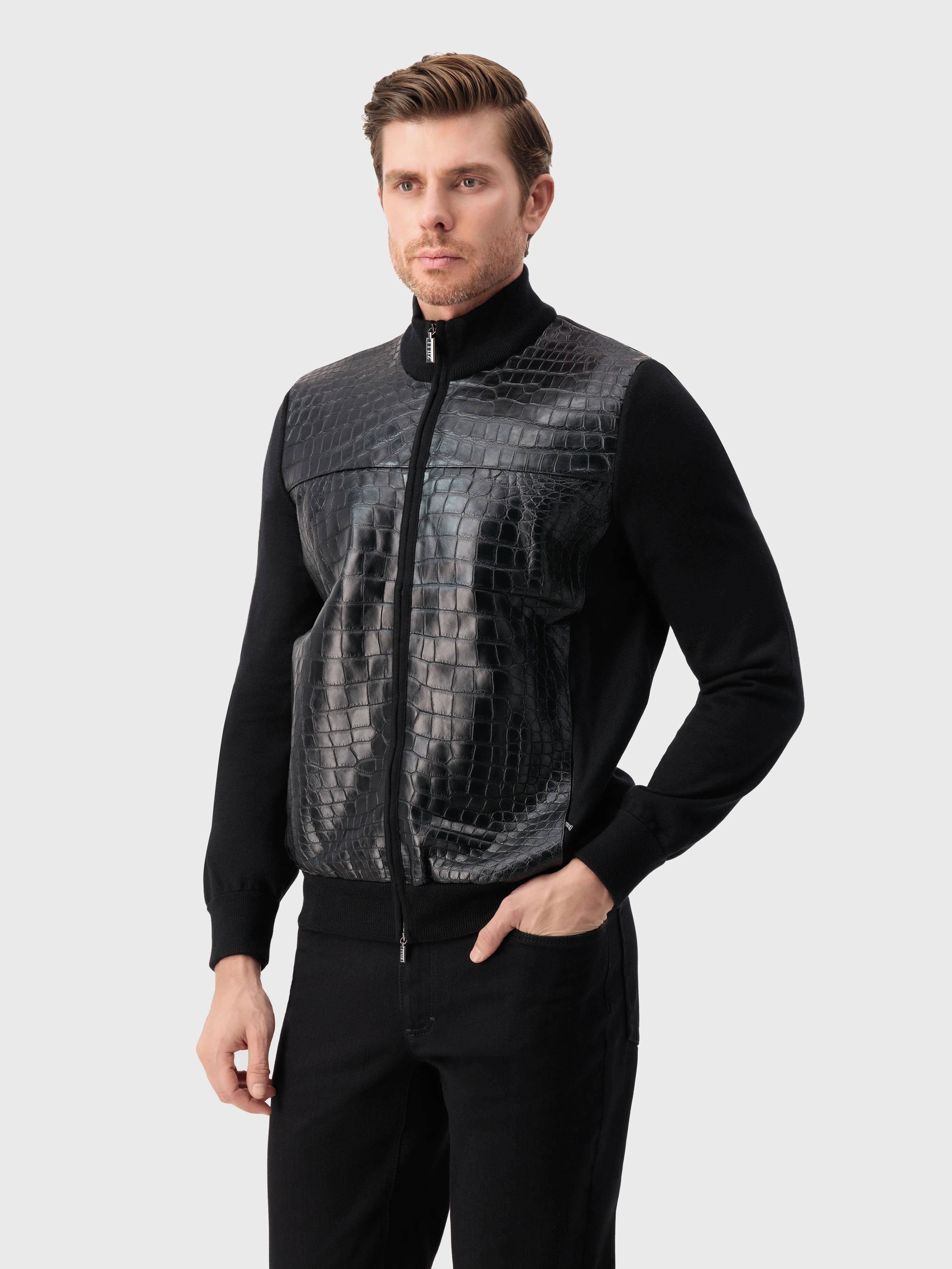 Full-Zip Sweater in Cashmere and Silk Crocodile Panel Black