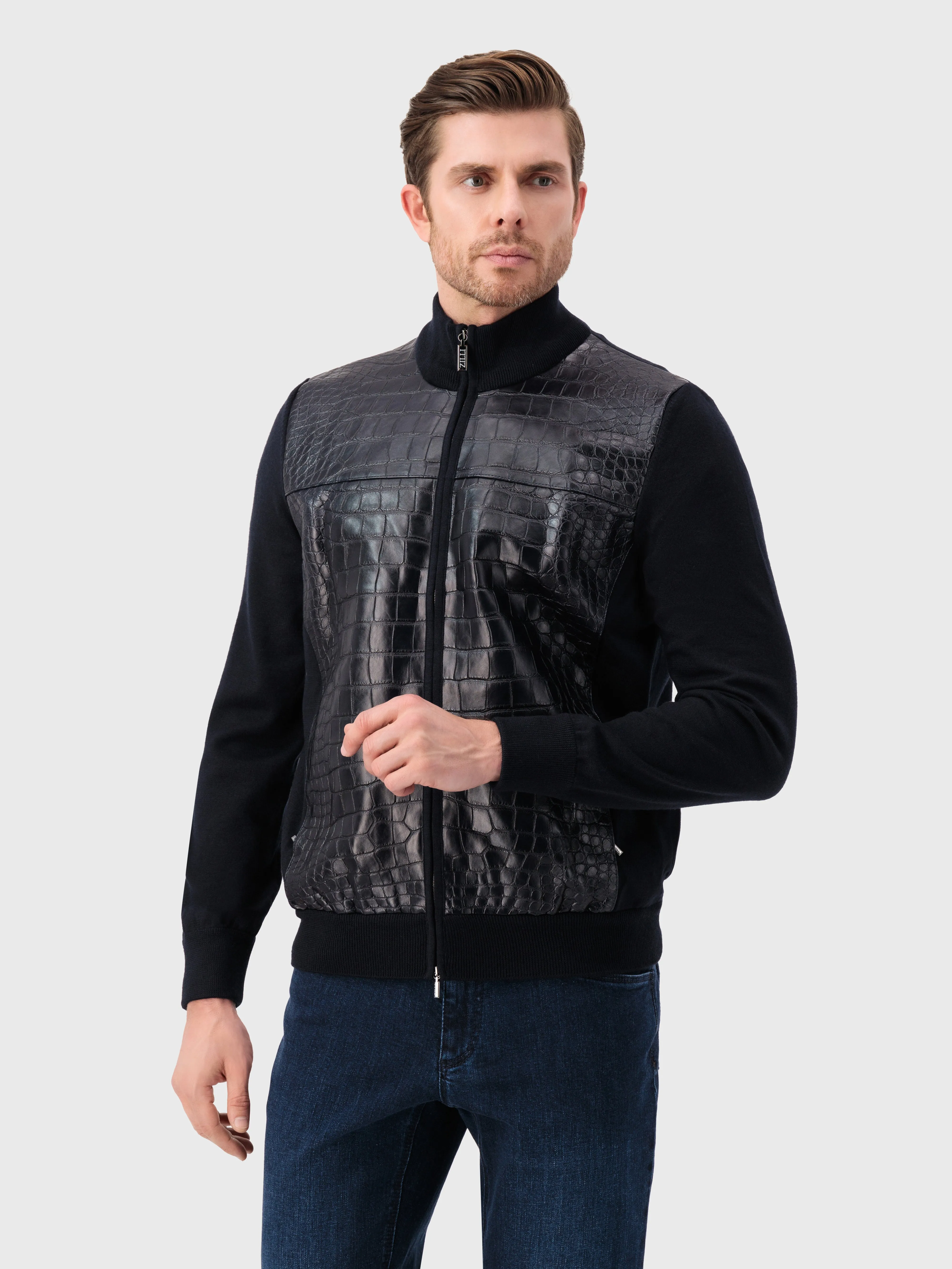 Full-Zip Sweater in Cashmere and Silk Crocodile Panel Dark Navy