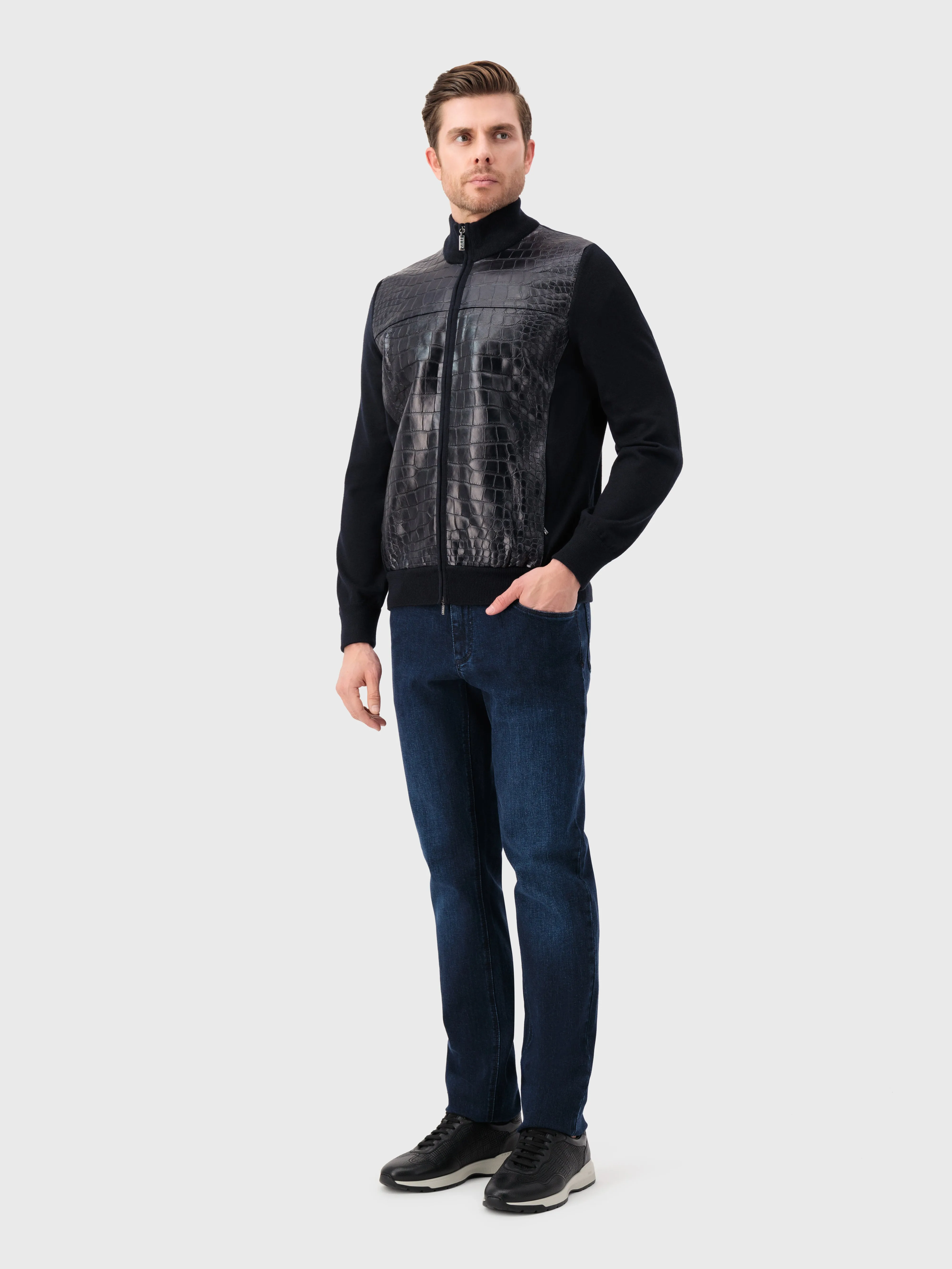 Full-Zip Sweater in Cashmere and Silk Crocodile Panel Dark Navy