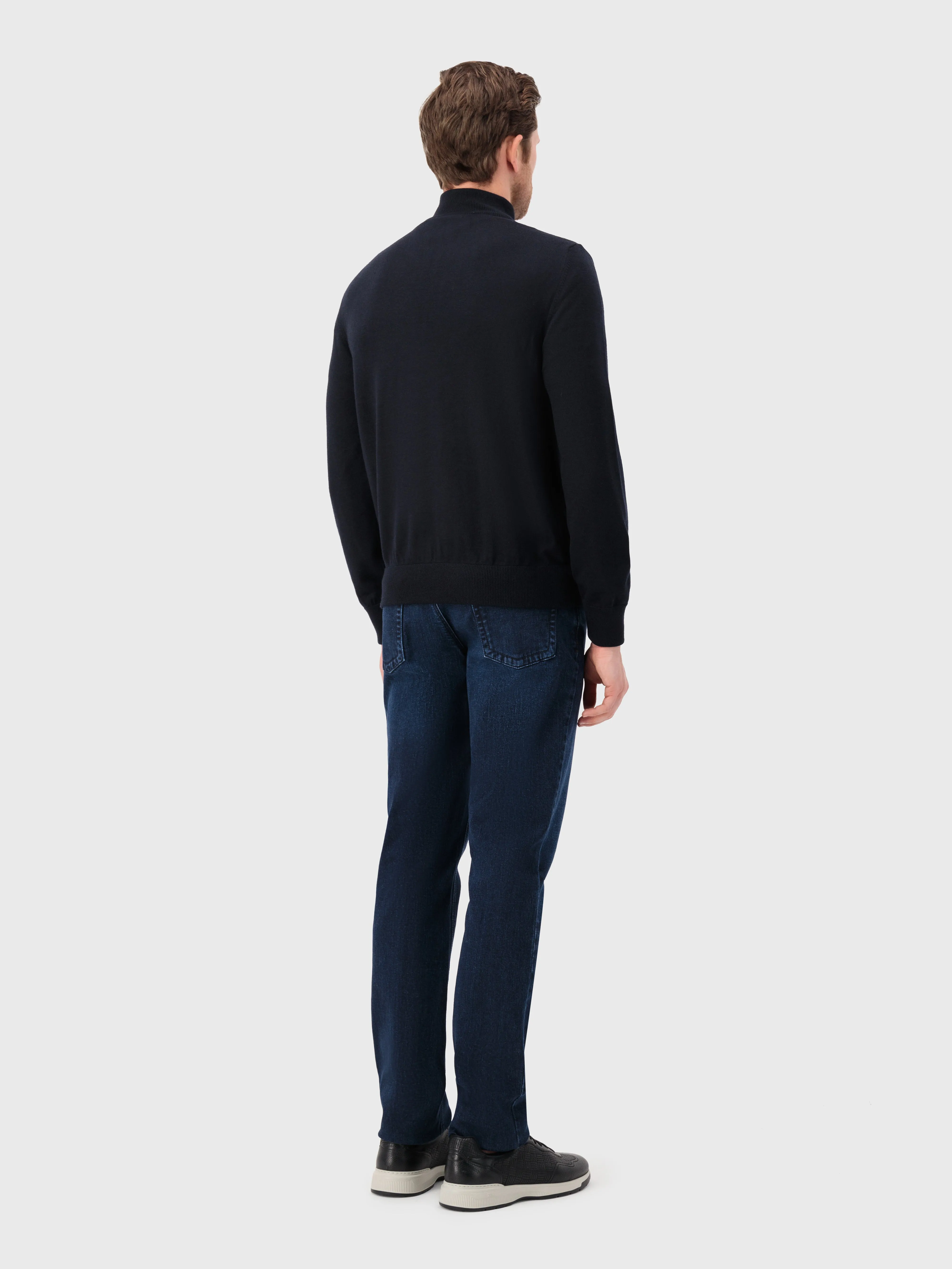 Full-Zip Sweater in Cashmere and Silk Crocodile Panel Dark Navy