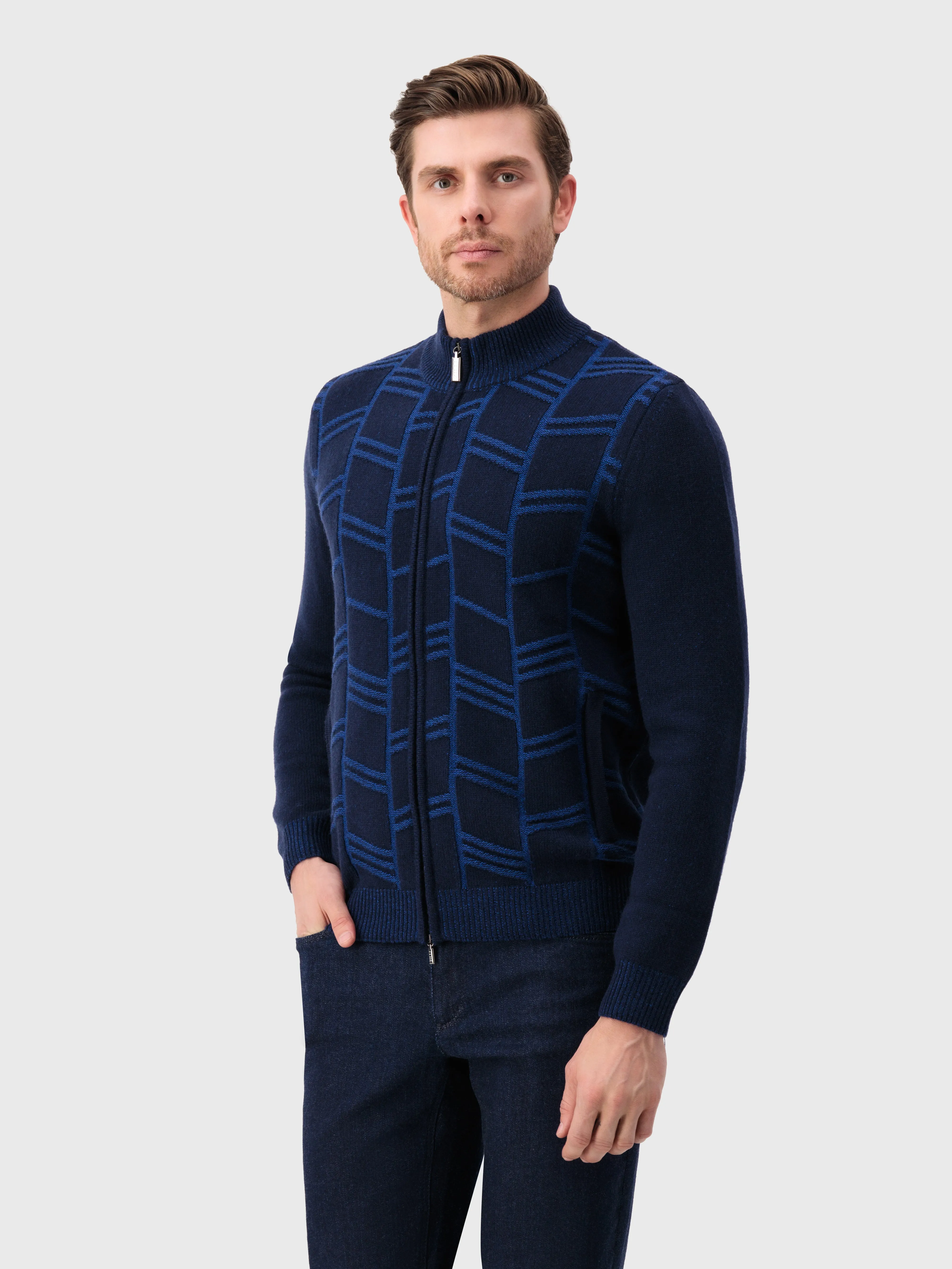 Geometric Pattern Knit Knitwear in Cashmere and Wool Dark Navy