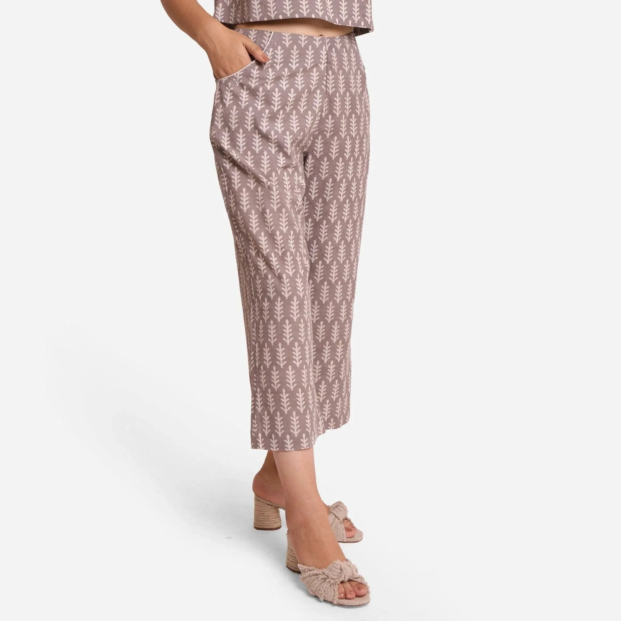 Grey Dabu Block Printed Mid-Rise Cotton Culottes