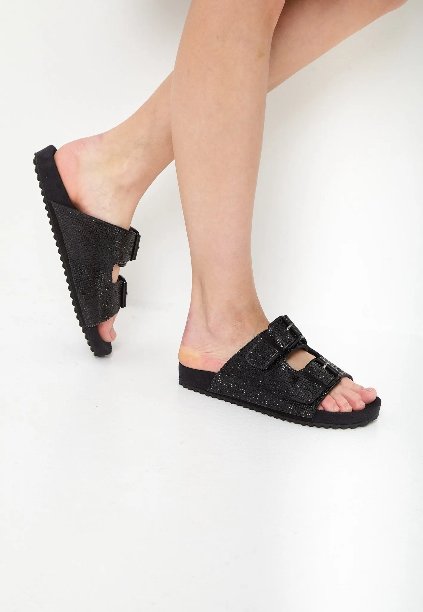 Jewel Flat Sole Mules - Black