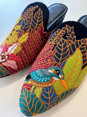 Kingfisher in Orchid Grove -  Embroidered Mules