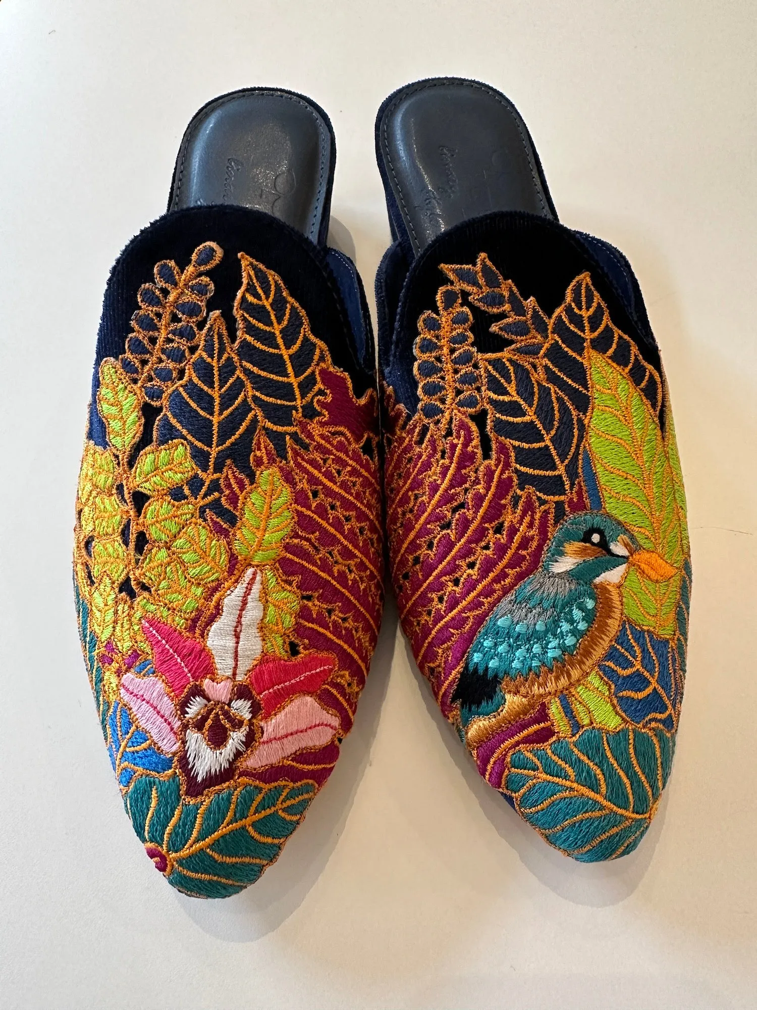 Kingfisher in Orchid Grove -  Embroidered Mules