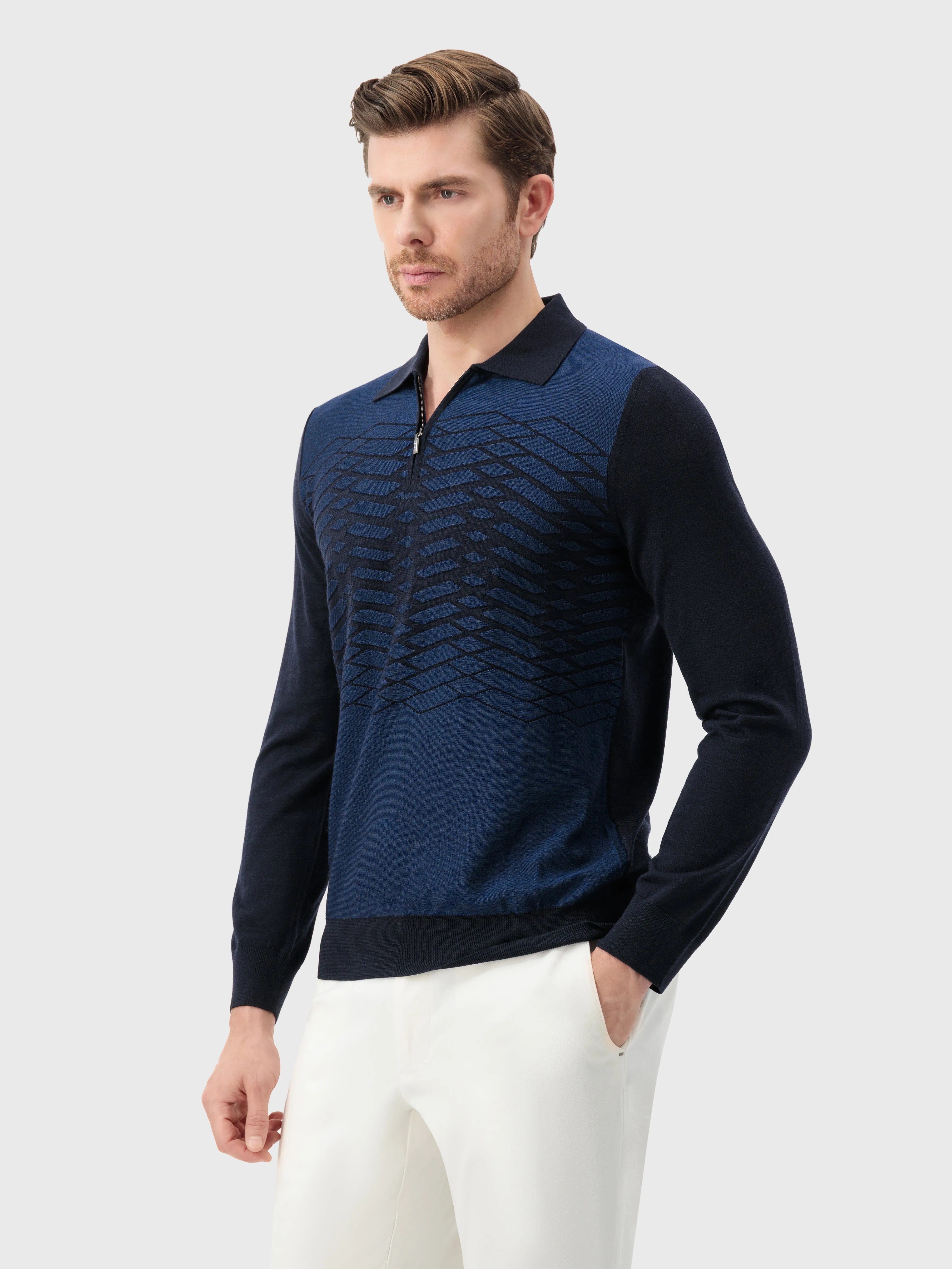 Knit Sweater with Textured Pattern Dark Navy