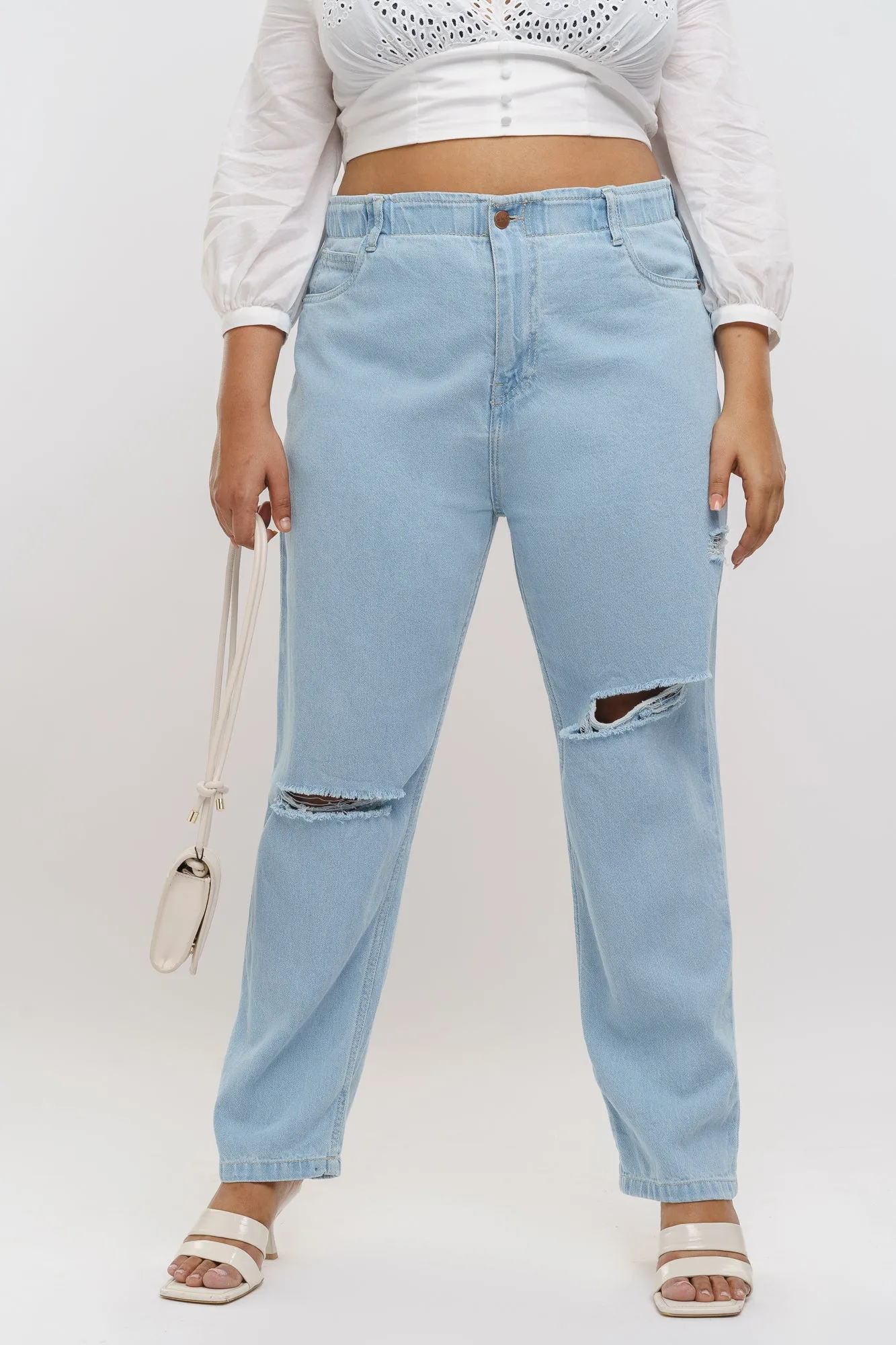 Light Elasticated Distress Mom Jeans