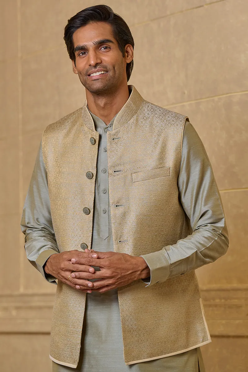 Light Green Brocade Kurta Bundi Set