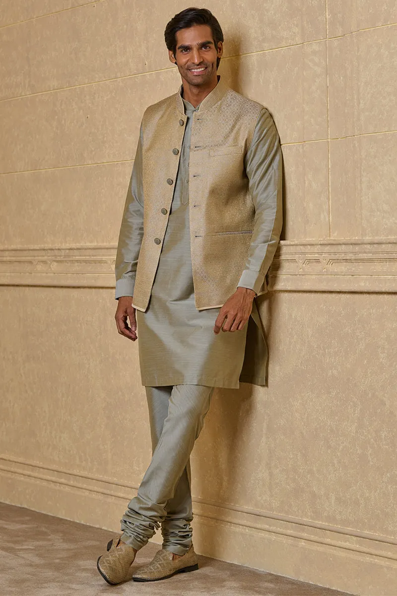 Light Green Brocade Kurta Bundi Set